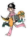  1boy 1girl belt blonde_hair blue_eyes boots carrying diego_brando eating gloves hat hot_pants_(sbr) jojo_no_kimyou_na_bouken open_mouth pink_hair rock sahau228 scary_monster_(stand) short_hair steel_ball_run tail turtleneck white_background 