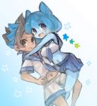  1boy 1girl blue_hair blue_skin blush breasts brown_eyes brown_hair hug inazuma_eleven_(series) inazuma_eleven_go inazuma_eleven_go_galaxy long_hair matatagi_hayato midriff multicolored_hair nankai navel open_mouth pleated_skirt powai_pichori sailor_collar sailor_wear skirt star sweat two-tone_hair violet_eyes white_hair 