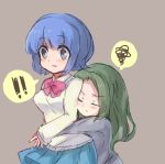  !! 2girls blue_eyes blue_hair blush breasts closed_eyes green_hair hug hug_from_behind inazuma_eleven_(series) inazuma_eleven_go inazuma_eleven_go_galaxy long_hair mizukawa_minori multiple_girls nankai open_mouth raimon_school_uniform school_uniform short_hair simple_background skirt sorano_aoi spoken_squiggle squiggle 