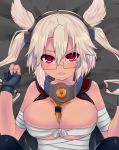  1girl blonde_hair blush breasts fingerless_gloves glasses gloves hairband haruta_(806060) kantai_collection large_breasts long_hair looking_at_viewer lying musashi_(kantai_collection) open_mouth red_eyes sarashi solo sweatdrop twintails 