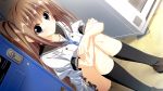  1girl black_eyes brown_hair game_cg kneehighs kotoba_no_kieta_hi long_hair mizukashi_aoi motoyon school_uniform solo 