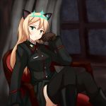  1girl animal_ears aqua_eyes black_boots black_legwear blonde_hair blush boots bottomless brown_gloves buttons cat_ears chair elbow_rest frills gloves heinrike_prinzessin_zu_sayn-wittgenstein hirschgeweih_antennas indoors ken_(kenta1922) long_hair long_sleeves looking_at_viewer military military_uniform sitting solo strike_witches thigh-highs uniform window zettai_ryouiki 