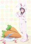  1girl animal_costume anime_coloring black_hair blue_eyes bunny_costume carrot full_body looking_at_viewer nicca_(kid_nicca) original solo tagme walking 