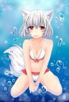 1girl animal_ears bare_shoulders bikini breasts bubble cleavage collarbone inubashiri_momiji korouru_0109 looking_at_viewer open_mouth red_eyes short_hair silver_hair solo swimsuit tail touhou v_arms wolf_ears wolf_tail 