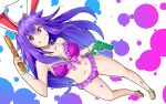  1girl animal_ears bikini breasts cleavage frilled_bikini frills inkblot ishimu large_breasts licking_lips long_hair navel pink_bikini pink_eyes purple_hair rabbit_ears reisen_udongein_inaba solo swimsuit touhou very_long_hair water_gun 