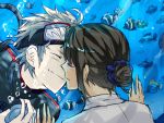  1boy 1girl aquarium black_hair bubble closed_eyes couple fish goggles goggles_on_head grey_hair hetero kiss lovemaronmeru0827 original 