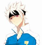  1boy aki_(645451622) bust earth_eleven headband highres ibuki_munemasa inazuma_eleven_(series) inazuma_eleven_go inazuma_eleven_go_galaxy lightning_bolt male short_hair simple_background solo track_jacket white_background white_hair 