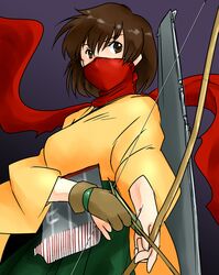  1girl bow_(weapon) brown_eyes brown_hair face_mask hiryuu_(kantai_collection) japanese_clothes kantai_collection mask short_hair strider_(video_game) strider_hiryuu weapon yagisaka_seto 