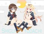  2girls ahoge blonde_hair blue_eyes braid brown_hair fingerless_gloves gloves hair_ornament hair_ribbon hairclip kantai_collection long_hair merueto multiple_girls red_eyes ribbon school_uniform serafuku shigure_(kantai_collection) single_braid sitting skirt socks yuudachi_(kantai_collection) 