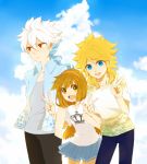  1girl 2boys aki_(645451622) amemiya_taiyou blonde_hair blue_eyes blue_hair brown_eyes casual clouds crown double_v hairband hakuryuu_(inazuma_eleven) hands_in_pockets inazuma_eleven_(series) inazuma_eleven_go inazuma_eleven_go_chrono_stone long_hair looking_at_viewer multicolored_hair multiple_boys nanobana_kinako open_mouth pleated_skirt ponytail red_eyes skirt sky two-tone_hair v white_hair 