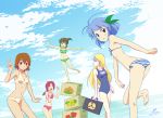  5girls :d anime_coloring ass bikini blonde_hair blue_eyes blue_hair box brown_eyes brown_hair cardboard_box glasses hair_bobbles hair_ornament highres long_hair looking_at_viewer low-tied_long_hair multiple_girls navel nicca_(kid_nicca) ocean open_mouth original outstretched_arms red_eyes redhead school_swimsuit short_hair smile spread_arms swimsuit v water 