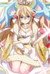  1girl ball blonde_hair blue_eyes blush breasts cleavage dress fur_trim gloves headdress holding horns long_hair meer_rowe pom_pom_(clothes) puzzle_&amp;_dragons sakuya_(p&amp;d) sitting smile solo wariza white_dress white_gloves 
