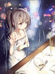  1girl 3: black_eyes black_hair cake casual commentary crying crying_with_eyes_open dress food glass hand_on_glass hand_on_own_stomach hungry original rain short_hair solo soulkiller strap_slip streaming_tears tagme tears twintails wet window 