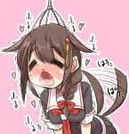  1girl ahegao bent_over blush bow braid brown_hair closed_eyes dog_tail hair_bow hair_ornament hair_ribbon kantai_collection kemonomimi_mode long_hair open_mouth pleated_skirt ribbon school_uniform serafuku shigure_(kantai_collection) single_braid skirt solo suizennji tagme tail tail_wagging tears translated trembling 