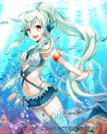  1girl :d brown_eyes fang fish green_hair hair_ornament head_fins in_water long_hair looking_at_viewer navel official_art open_mouth original ponytail seikon_no_arcana smile solo submerged tagme yunkel_(zeijaku_mental) 