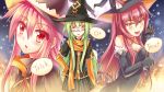  &gt;:d 3girls :d animal_ears black_gloves breasts brown_eyes cat_ears cleavage elbow_gloves fang glasses gloves green_hair halloween hat long_hair looking_at_viewer luzi multiple_girls open_mouth original parted_lips red_eyes redhead rimless_glasses scarf smile tagme witch_hat 