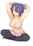  1girl and armpits arms_up bikini black_legwear breasts cleavage eyepatch kantai_collection navel parted_lips purple_hair short_hair sitting solo swimsuit tenryuu_(kantai_collection) thigh-highs undressing yellow_eyes 