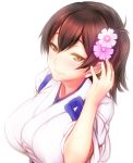  1girl blush breasts brown_eyes brown_hair bust flower hair_flower hair_ornament highres japanese_clothes jewelry kaga_(kantai_collection) kantai_collection large_breasts ring short_hair side_ponytail smile solo tasuki wantsupanchi!! wedding_band white_background 