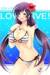  1girl absurdres bikini breasts flower green_eyes hair_flower hair_ornament highres jewelry large_breasts long_hair love_live!_school_idol_project necklace open_mouth purple_hair smile solo striped striped_bikini striped_swimsuit swimsuit toujou_nozomi twintails very_long_hair 