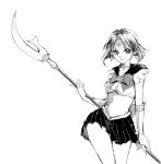  1girl bishoujo_senshi_sailor_moon black_skirt choker circlet crystal earrings elbow_gloves gloves jewelry lolimaru miniskirt monochrome pleated_skirt polearm sailor_saturn short_hair silence_glaive skirt solo tomoe_hotaru weapon white_background 