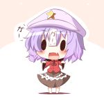  &gt;:d 1girl :d chibi fang gaius_(nikoniko2) hat jiangshi miyako_yoshika ofuda open_mouth purple_hair short_hair smile solid_oval_eyes solo tagme touhou translation_request 