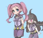  1boy 1girl arms_behind_back black_hair blue_eyes blush breasts faramu_diite gandaresu_baran inazuma_eleven_(series) inazuma_eleven_go inazuma_eleven_go_galaxy long_hair nankai open_mouth pink_hair pointy_ears selen_melville soccer_uniform sportswear twintails 