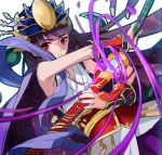 1girl androgynous armpits bangs bare_shoulders blunt_bangs flat_chest flower hair_flower hair_ornament hakama haori headpiece holding holding_sword holding_weapon japanese_clothes katana long_hair magatama meer_rowe outline ponytail purple_hair puzzle_&amp;_dragons red_eyes sheath simple_background sleeveless solo sword very_long_hair weapon white_background yomi_(p&amp;d) 