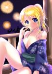  1girl ayase_eli blonde_hair blue_eyes breasts cleavage fireworks hair_grab hamikoron highres japanese_clothes kimono light_smile looking_at_viewer loose_clothes love_live!_school_idol_project ponytail sitting sky solo star_(sky) starry_sky 