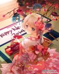  2014 blonde_hair bow character_doll flower from_above hair_flower hair_ornament happy_new_year japanese_clothes kimono looking_at_viewer looking_back looking_up luis_frois_(sengoku_bushouki_muramasa) mizuno_(suisuiw) new_year official_art sengoku_bushouki_muramasa short_hair smile solo translated 