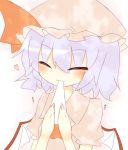  1girl bat_wings closed_eyes eating food gaius_(nikoniko2) heart holding mochi purple_hair remilia_scarlet short_hair solo tagme touhou translation_request wagashi wings 