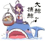  1girl :d ahoge crossover kantai_collection long_hair low_twintails open_mouth pokemon purple_hair red_eyes school_uniform serafuku sitting smile suizennji tagme taigei_(kantai_collection) translation_request twintails wailord 