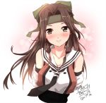  1girl breasts brown_eyes brown_hair bust dated glasses gloves go-it jintsuu_(kantai_collection) kantai_collection long_hair looking_at_viewer signature smile solo white_background 