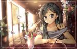  1girl arm_support black_eyes black_hair blurry casual cherry collarbone depth_of_field drinking_straw flower food fruit glass light_particles long_hair looking_at_viewer original pov_across_table smile solo soulkiller strawberry tagme water_drop 
