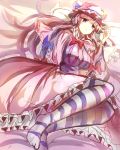  1girl breasts coat crescent dress hair_ribbon hat highres hizagawa_rau large_breasts long_hair lying on_side open_clothes open_coat patchouli_knowledge pink_eyes pink_hair ribbon sketch solo striped striped_dress striped_legwear thigh-highs touhou tress_ribbon very_long_hair 