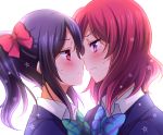  2girls black_hair black_jacket blush bow bowtie eye_contact hair_bow highres looking_at_another love_live!_school_idol_project multiple_girls nervous nishikino_maki payot redhead school_uniform short_hair star striped striped_bowtie twintails violet_eyes white_background wing_collar yazawa_nico yuri 