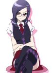  1girl argyle argyle_legwear bespectacled black_legwear brown_eyes crossed_legs fresh_precure! glasses hair_ornament hairclip higashi_setsuna long_hair manji_(tenketsu) necktie precure puffy_sleeves purple_hair shiny shiny_hair sitting skirt smile solo thigh-highs vest 