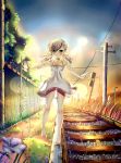  1girl absurdres bare_legs barefoot bow casual collarbone dress green_eyes hair_bow hair_ornament hair_ribbon highres light_brown_hair original outstretched_arms railroad_tracks ribbon smile solo soulkiller spread_arms tagme twilight twintails white_dress 