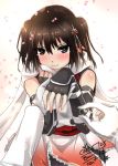  1boy 1girl admiral_(kantai_collection) blush brown_eyes brown_hair cherry_blossoms dated elbow_gloves fingerless_gloves gloves go-it jewelry kantai_collection looking_at_viewer pov proposal ring sendai_(kantai_collection) short_hair signature solo_focus two_side_up wedding_band 