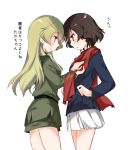  2girls abenattou blonde_hair blush brown_eyes brown_hair caesar_(girls_und_panzer) carpaccio girls_und_panzer green_eyes holding jacket long_hair long_sleeves military military_uniform miniskirt multiple_girls pencil_skirt pleated_skirt scarf short_hair skirt standing sweatdrop translated uniform white_background yuri 