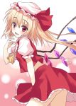  1girl ascot blonde_hair blush flandre_scarlet hat long_hair looking_at_viewer open_mouth rasahan red_eyes side_ponytail smile solo touhou wings 