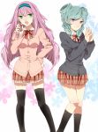  2girls absurdres aki_(645451622) aqua_hair beta_(inazuma_eleven) black_legwear breasts cardigan frilled_skirt frills green_eyes hair_twirling hairband hand_on_hip highres inazuma_eleven_(series) inazuma_eleven_go inazuma_eleven_go_chrono_stone kneehighs long_hair looking_at_viewer meia multiple_girls nail_polish open_mouth plaid plaid_skirt purple_hair school_uniform skirt thigh-highs unmoving_pattern violet_eyes zettai_ryouiki 