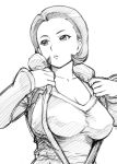  1girl breasts captain_earth cleavage collarbone earrings jewelry large_breasts monochrome parted_lips short_hair sketch solo ueyama_michirou undressing uniform yomatsuri_tsubaki 