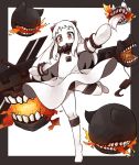  1girl bare_shoulders black_panties blush dress dress_lift horns kaginoni kantai_collection long_hair mittens northern_ocean_hime one_leg_raised outstretched_arms pale_skin panties red_eyes shinkaisei-kan spread_arms standing_on_one_leg tiptoes underwear white_dress white_hair 