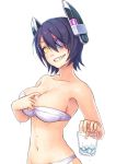  1girl and bare_shoulders between_breasts bikini cowboy_shot cup eyepatch grin headgear ice_cube kantai_collection looking_at_viewer navel purple_hair short_hair smile solo sweat swimsuit tenryuu_(kantai_collection) wet yellow_eyes 