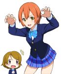  2girls :d blush_stickers brown_hair checkered checkered_skirt claw_pose gon_(gontarou) green_eyes hoshizora_rin koizumi_hanayo looking_at_viewer love_live!_school_idol_project multiple_girls open_mouth orange_hair pink_eyes school_uniform short_hair simple_background skirt smile white_background 