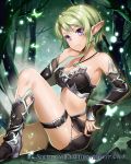  &gt;:&lt; 1girl breasts cleavage elbow_pads green_hair jewelry navel official_art original pendant pointy_ears seikon_no_arcana short_hair sitting solo tagme violet_eyes yunkel_(zeijaku_mental) 