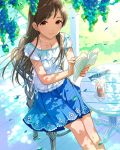  1girl artist_request blouse blue_skirt book bookmark brown_eyes brown_hair chair collarbone dappled_sunlight drinking_glass drinking_straw ear_studs earrings food from_above fruit grapes holding holding_book idolmaster idolmaster_cinderella_girls jewelry knees_together long_hair looking_at_viewer necklace nitta_minami official_art open_book outdoors reading sitting skirt smile solo table vertical_stripes white_blouse wind 