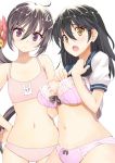  &gt;:&lt; 2girls :&lt; akebono_(kantai_collection) black_hair body_mahattaya_ginga bow bow_bra bow_panties bra breasts brown_eyes hair_ornament kantai_collection large_breasts long_hair looking_at_viewer multiple_girls open_mouth panties pink_bra pink_panties school_uniform side_ponytail underwear underwear_only ushio_(kantai_collection) white_background 