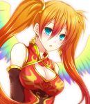  1girl :o aqua_eyes bare_shoulders bird_wings blush breasts bust china_dress chinese_clothes chisa cleavage cleavage_cutout detached_sleeves dress earrings feathered_wings jewelry leiran_(p&amp;d) long_hair open_mouth orange_hair puzzle_&amp;_dragons red_dress simple_background solo twintails white_background wings 