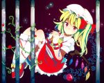  1girl apple ascot blonde_hair bow flandre_scarlet food fruit hair_bow hair_ornament hair_ribbon hands_clasped hat looking_at_viewer mary_janes mob_cap red_eyes ribbon shirokuro_gin shoes side_ponytail solo tagme touhou wings wristband 